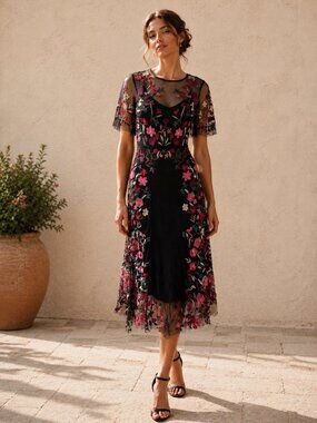 Anthropologie Floral Embroidered Mesh Midi Dress Lined Black Romantic 0